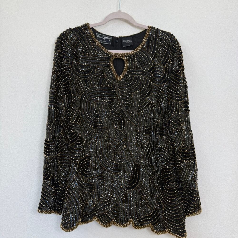 Robert Anthony Silk Beaded Sequin Black Gold Top Blouse Evening 2X India